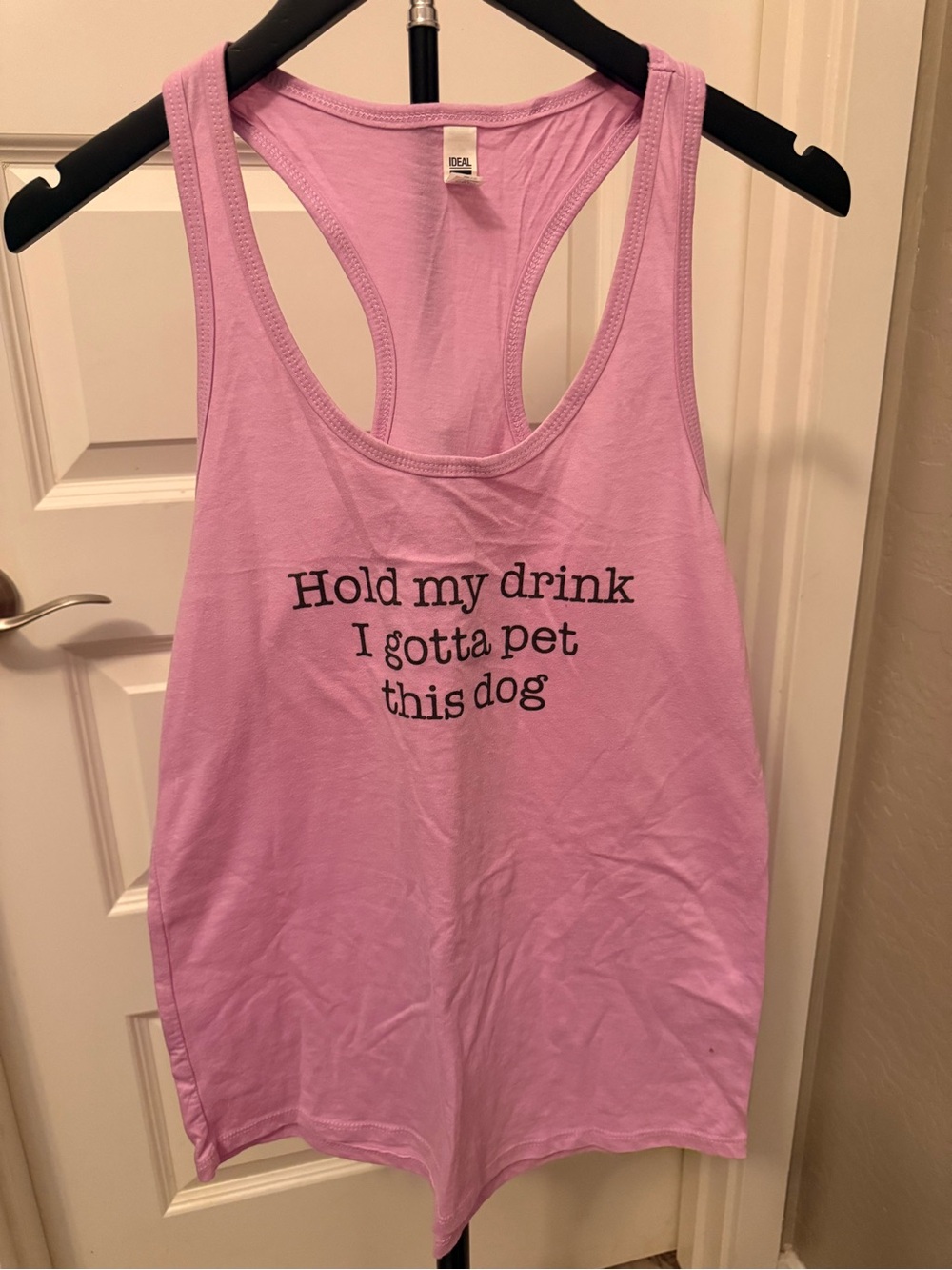 Pink Graphic Racerback Tank - "Hold my drink I gotta pet this dog"